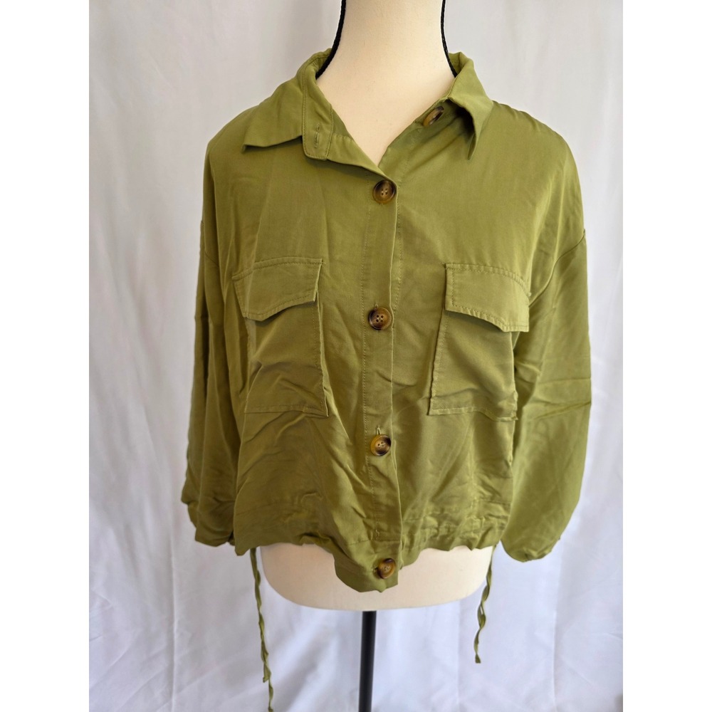 Brittany Humble Olive Green Utility‎ Jacket Button Front Drawstring Waist Size S